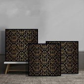 Art Deco Gold Geometric Pattern on Black タイル