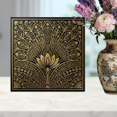 Art Deco Gold Lotus Black Geometric Pattern タイル