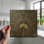 Art Deco Gold Lotus Black Geometric Pattern タイル