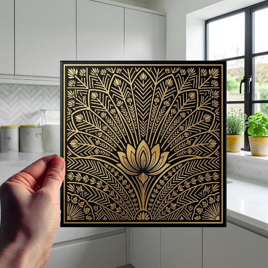 Art Deco Gold Lotus Black Geometric Pattern タイル