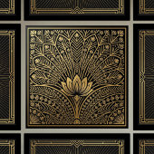Art Deco Gold Lotus Black Geometric Pattern タイル