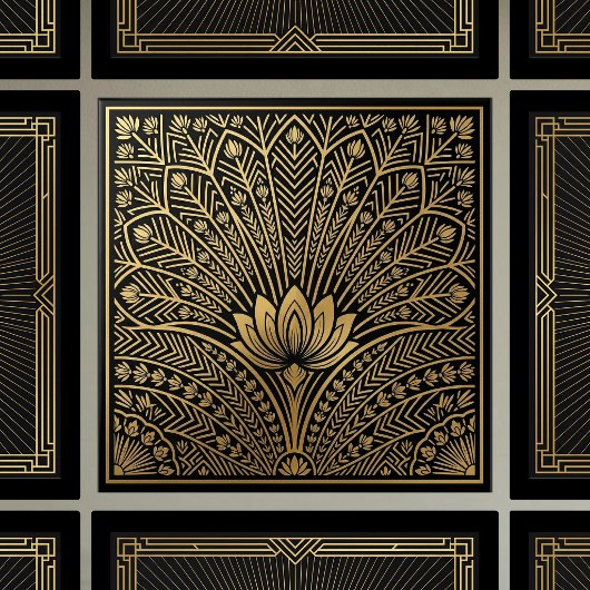 Art Deco Gold Lotus Black Geometric Pattern タイル