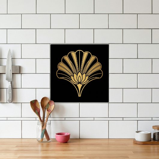Art Deco Gold Lotus Fan Black Ceramic Tile タイル