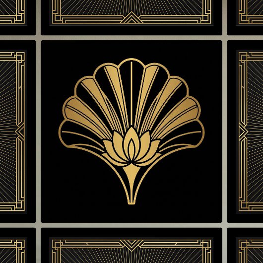 Art Deco Gold Lotus Fan Black Ceramic Tile タイル