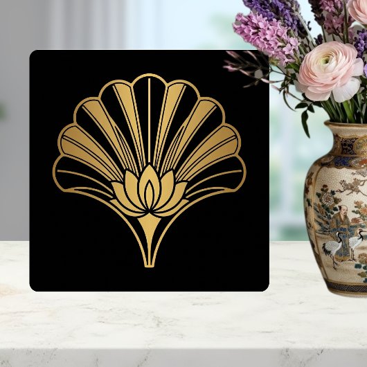 Art Deco Gold Lotus Fan Black Ceramic Tile タイル