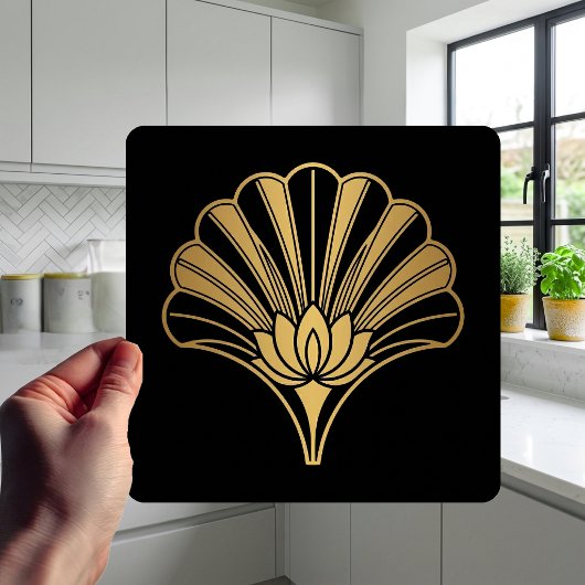 Art Deco Gold Lotus Fan Black Ceramic Tile タイル