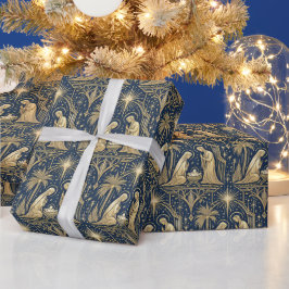 Art Deco Gold Nativity Pattern on Navy ラッピングペーパー