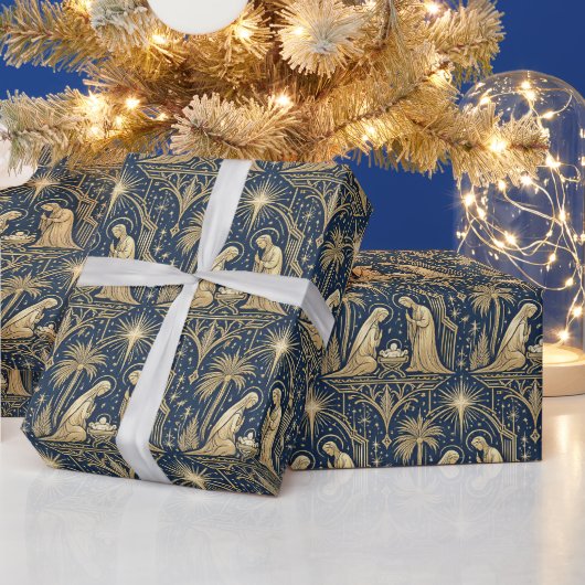 Art Deco Gold Nativity Pattern on Navy ラッピングペーパー (クリスマス)