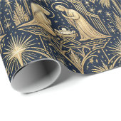 Art Deco Gold Nativity Pattern on Navy ラッピングペーパー (ロールコーナー)