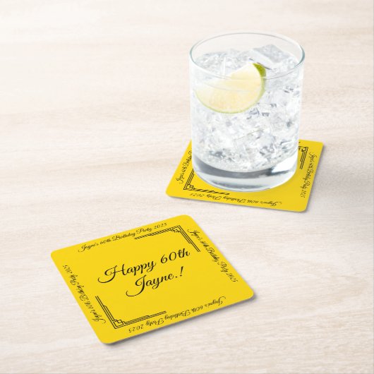 Art Deco Gold on Black Birthday Party スクエアペーパーコースター (インサイチュ)