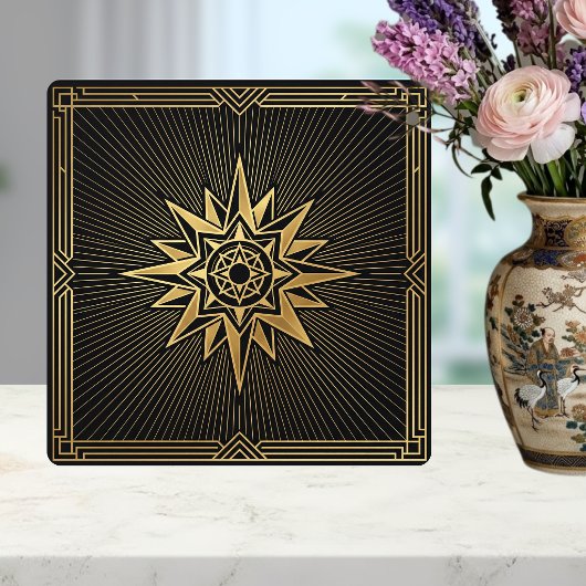 Art Deco Gold Sunburst Compass Graphic Black タイル