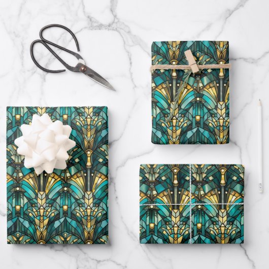 Art Deco Gold & Teal Wrapping Paper Flat Sheets ラッピングペーパーシート (正面)