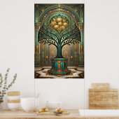 Art Deco Golden Harvest Fruit Tree Gold Teal Poste ポスター (キッチン)