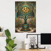 Art Deco Golden Harvest Fruit Tree Gold Teal Poste ポスター (ホームオフィス)
