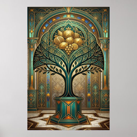 Art Deco Golden Harvest Fruit Tree Gold Teal Poste ポスター (正面)