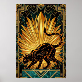 Art Deco Golden Radiance Black Cat Wall Art ポスター