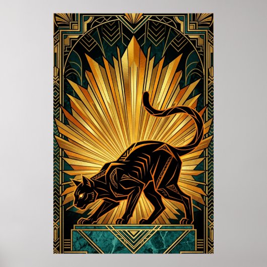 Art Deco Golden Radiance Black Cat Wall Art ポスター (正面)