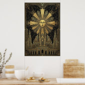 Art Deco Golden Sun Face Palace Poster | Celestial ポスター (キッチン)