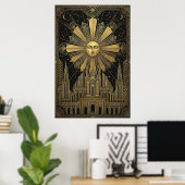 Art Deco Golden Sun Face Palace Poster | Celestial ポスター (ホームオフィス)