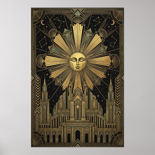 Art Deco Golden Sun Face Palace Poster | Celestial ポスター (正面)