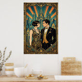 Art Deco Great Gatsby Couple City Skyline Poster ポスター (キッチン)
