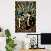 Art Deco Great Gatsby Couple City Skyline Poster ポスター (ホームオフィス)