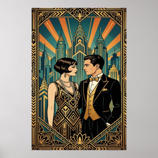 Art Deco Great Gatsby Couple City Skyline Poster ポスター (正面)