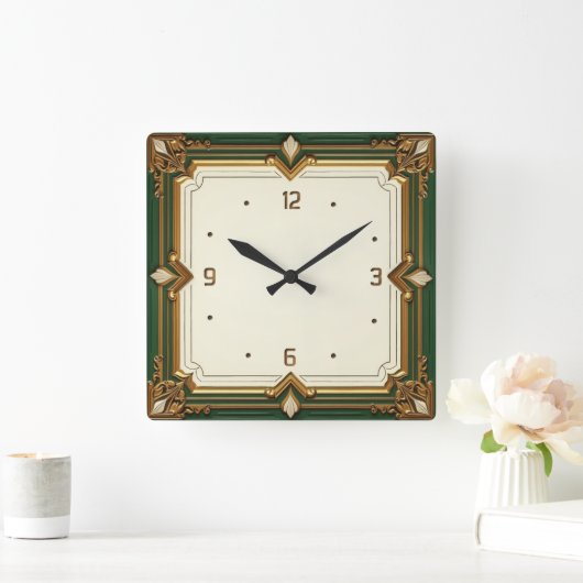 Art Deco Green スクエア壁時計 (ホーム)