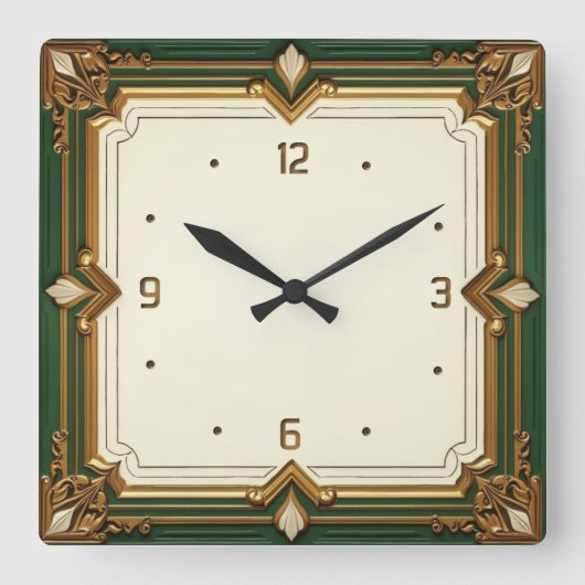 Art Deco Green スクエア壁時計 (正面)
