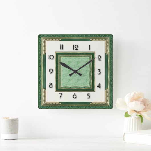 Art Deco Green スクエア壁時計 (ホーム)