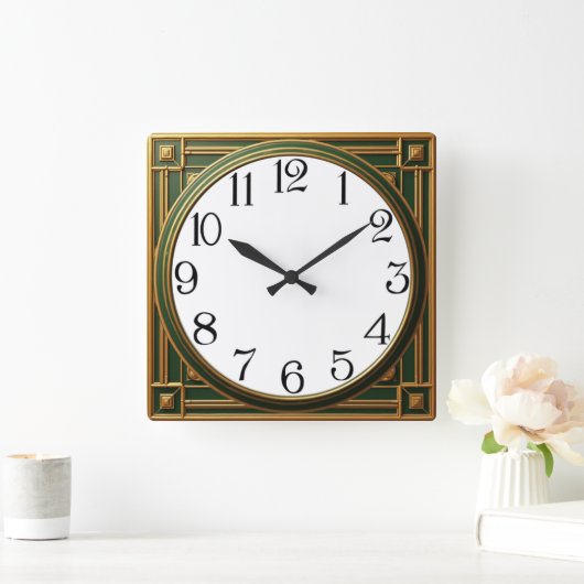 Art Deco Green スクエア壁時計 (ホーム)