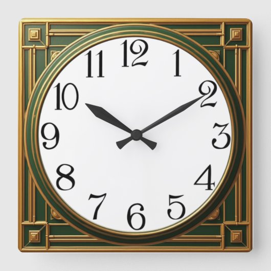 Art Deco Green スクエア壁時計 (正面)