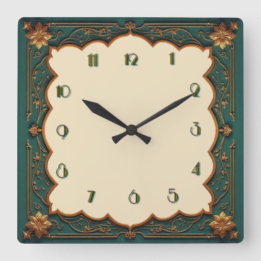 Art Deco Green スクエア壁時計 (正面)