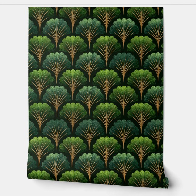 Art Deco Green and Gold Palm Leaves 壁紙 (ほどく)