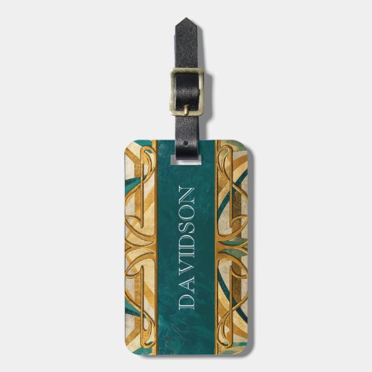 Art Deco Green and Gold Stripes Personalized ラゲッジタグ (正面縦)