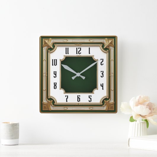 Art Deco Green Elegant スクエア壁時計 (ホーム)