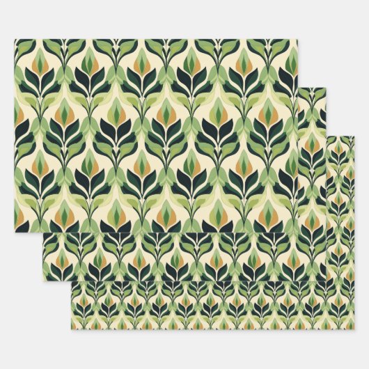 Art Deco Green Leaf Wrapping Paper Flat Sheet Set ラッピングペーパーシート (セット)