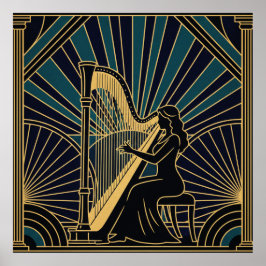 Art Deco Harpist Silhouette Poster Gold and Black  ポスター