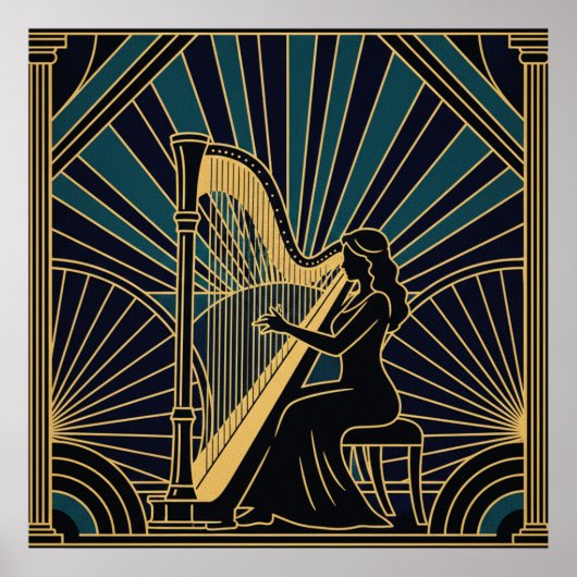 Art Deco Harpist Silhouette Poster Gold and Black  ポスター (正面)
