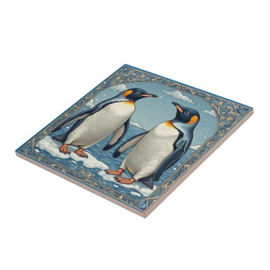 Art Deco Ice Birds Penguin Couple Snow Blue Ocean  タイル (側面)