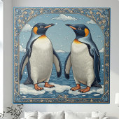 Art Deco Ice Birds Penguin Couple Snow Blue Ocean  タイル