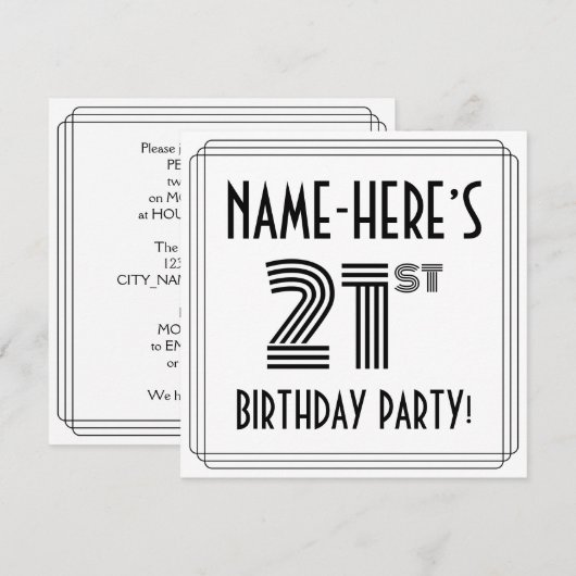 Art Deco Inspired 21st Birthday Party, Custom Name 招待状 (正面/裏面)