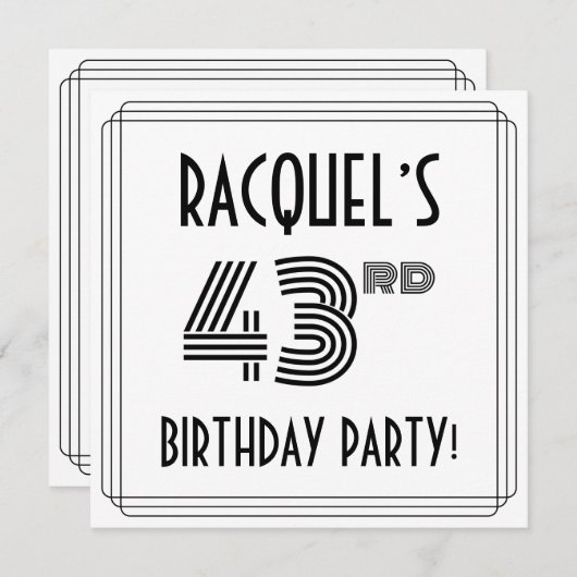 Art Deco Inspired 43rd Birthday Party, Custom Name 招待状 (正面/裏面)