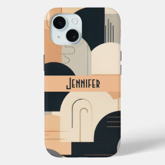 Art Deco Inspired Design in Peach & Black iPhone 15ケース