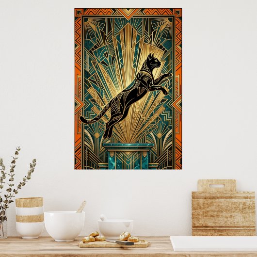 Art Deco Leaping Black Cat Wall Art ポスター (キッチン)