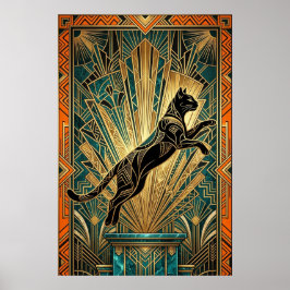 Art Deco Leaping Black Cat Wall Art ポスター