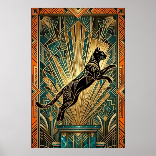 Art Deco Leaping Black Cat Wall Art ポスター (正面)