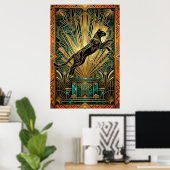 Art Deco Leaping Golden Lynx Wall Art ポスター (ホームオフィス)