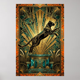 Art Deco Leaping Golden Lynx Wall Art ポスター