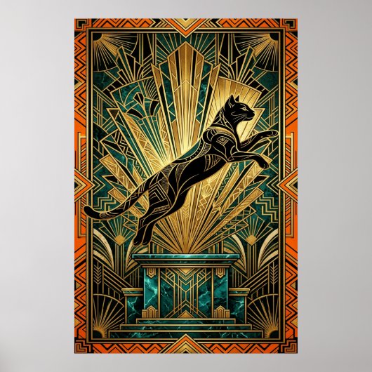 Art Deco Leaping Golden Lynx Wall Art ポスター (正面)